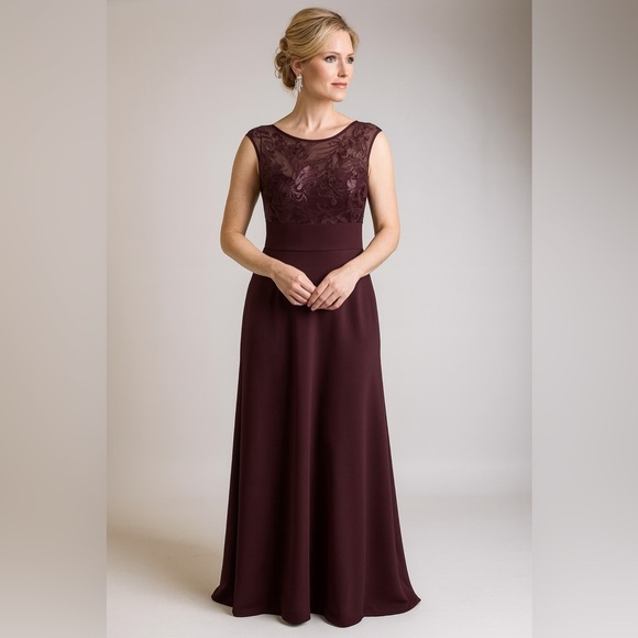 Marina Eggplant Purple Lace Sequin Mesh Gown Sz 8 | Formal Evening Slit Dress - Picture 1 of 4